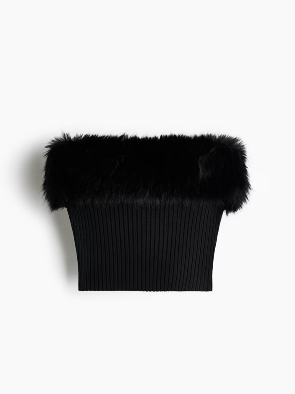H&M Black Faux-Fur Trim Ribbed Tube Top